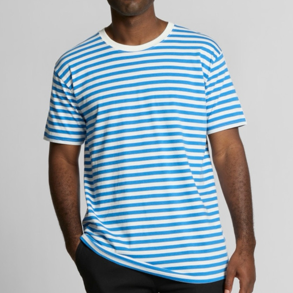 NEW AS Colour Staple Stripe Tee,  Natural/Mid Blue, Size Medium
